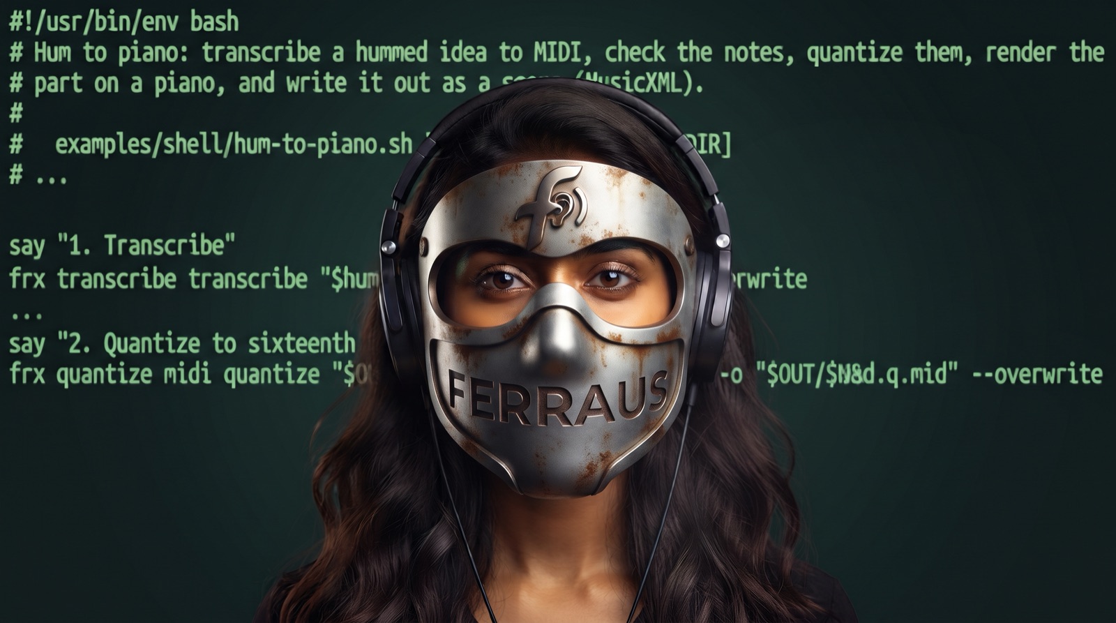 ferraus banner: a person in headphones wearing a steel mask engraved FERRAUS, in front of a terminal showing the hum-to-piano example script